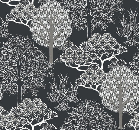 York Kimono Trees Black/Metallic Wallpaper