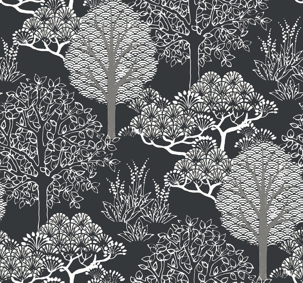 York Kimono Trees Black/Metallic Wallpaper