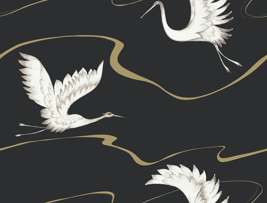 York Soaring Cranes Black/Gold Wallpaper