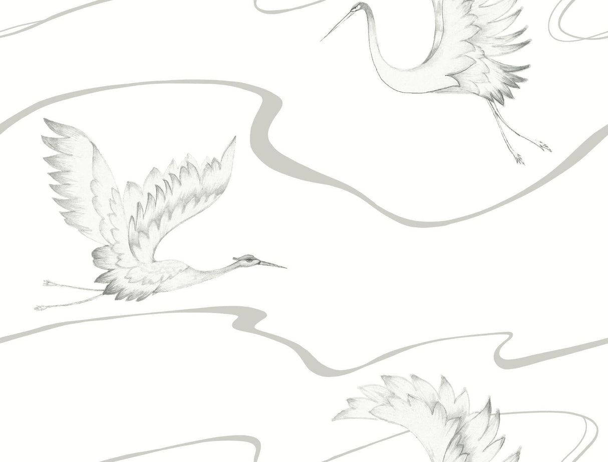 York Soaring Cranes White/Silver Wallpaper