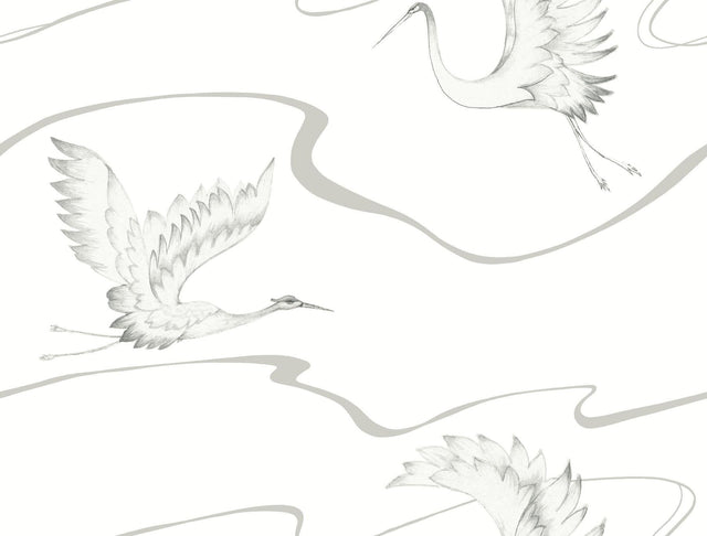 York Soaring Cranes White/Silver Wallpaper