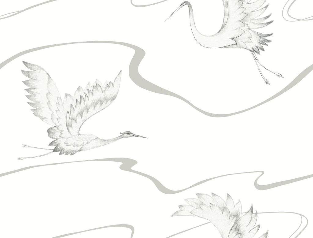 York Soaring Cranes White/Silver Wallpaper