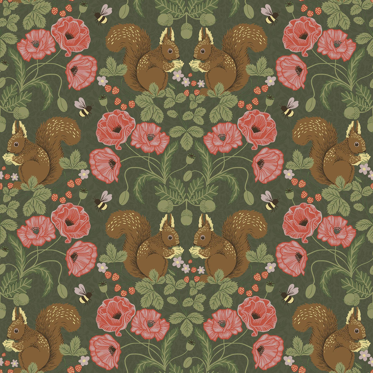 A-Street Prints Kurre Dark Green Woodland Damask Green Red Wallpaper