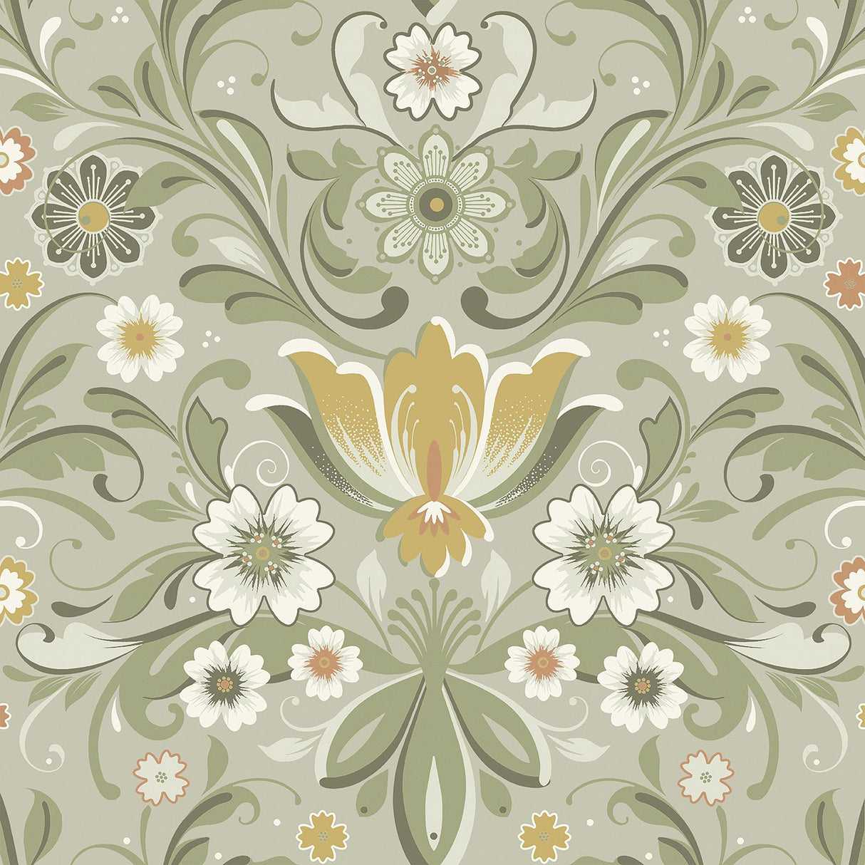 A-Street Prints Ostanskar Green Retro Floral Grey Yellow Wallpaper