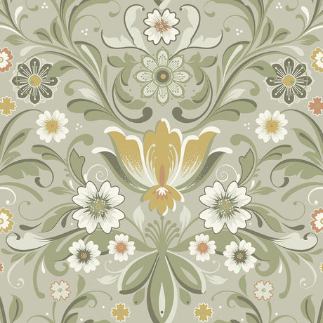 A-Street Prints Ostanskar Green Retro Floral Grey Yellow Wallpaper