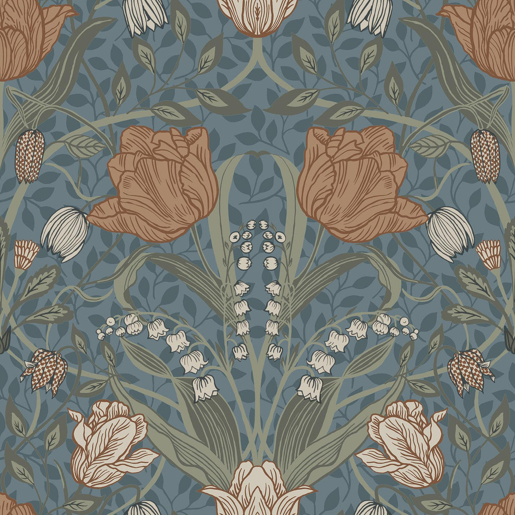 A-Street Prints Filippa Blue Tulip Blue/Coral Wallpaper