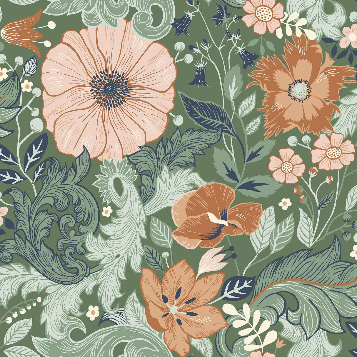 A-Street Prints Victoria Green Floral Nouveau Wallpaper