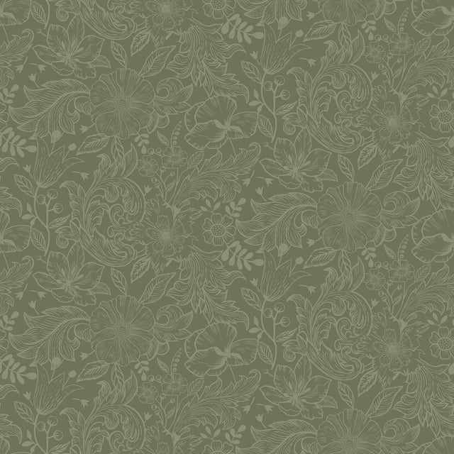 A-Street Prints Wilma Green Floral Block Print Wallpaper