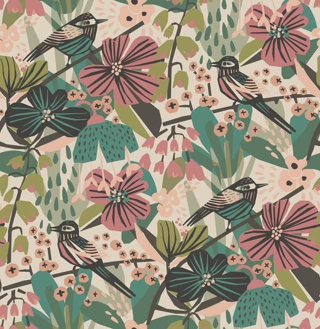 Brewster Home Fashions Teal Pink Jaybird Peel & Stick Wallpaper