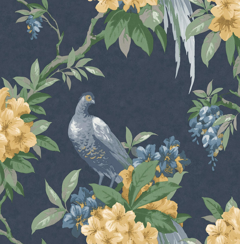Brewster Home Fashions Golden Pheasant Floral Dark Blue Wallpaper