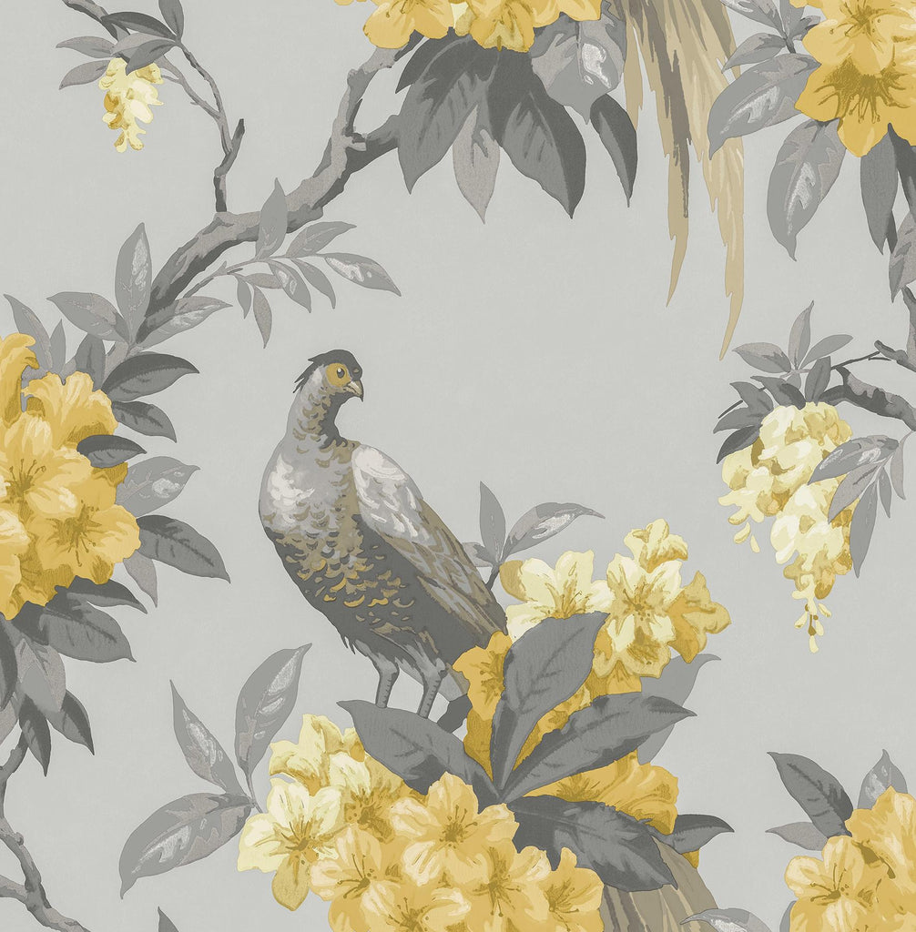 Brewster Home Fashions Golden Pheasant Grey Floral Grey/Mustard Wallpaper