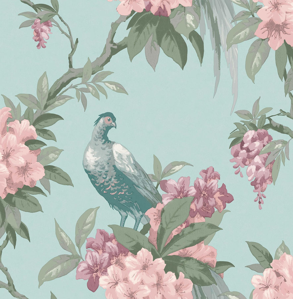 Brewster Home Fashions Golden Pheasant Aqua Floral Wallpaper