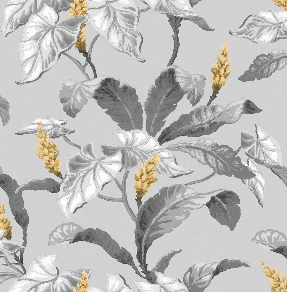 Brewster Home Fashions Meridian Parade Grey Tropical Leaves Mustard/Grey Wallpaper