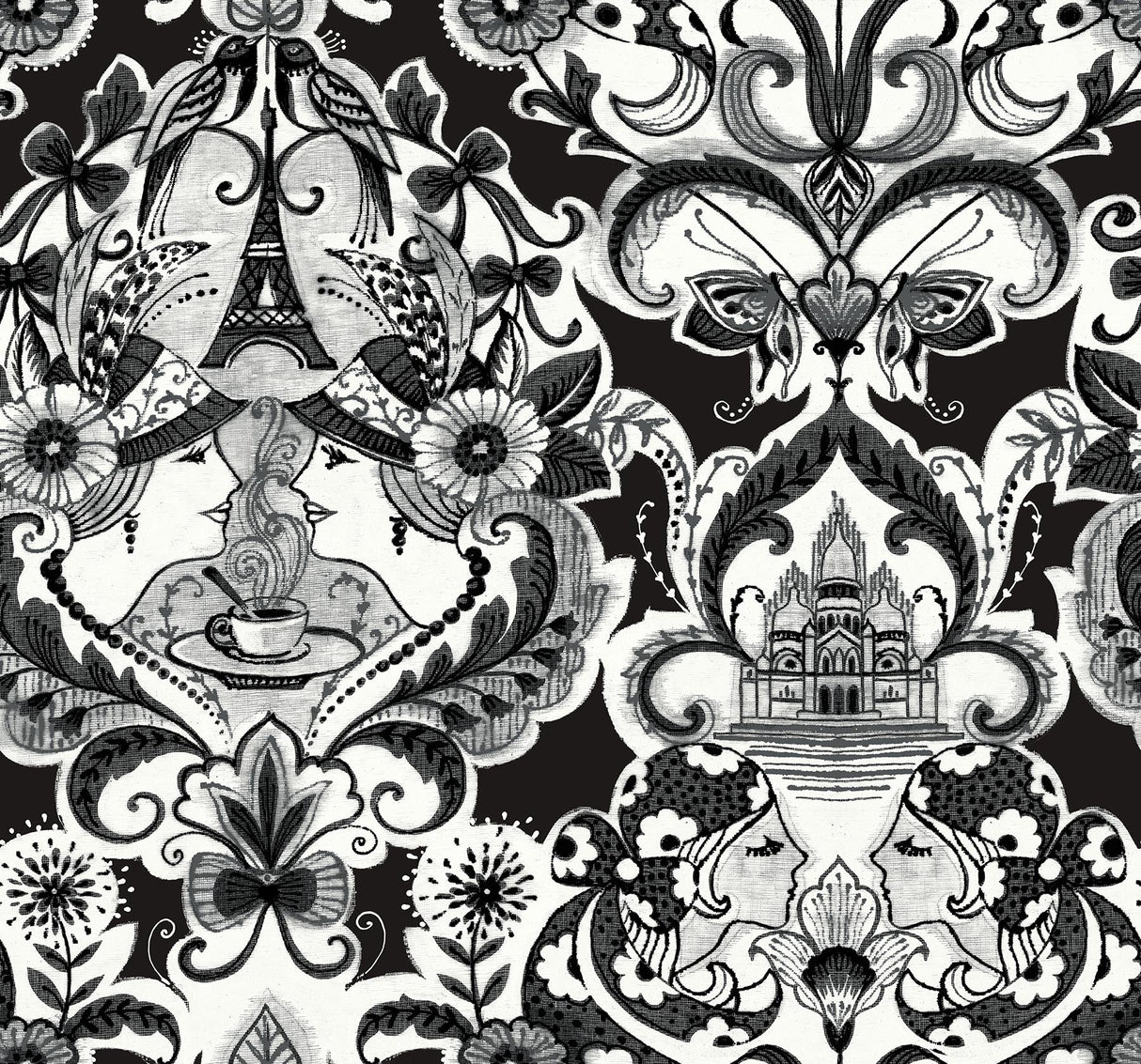 A-Street Prints Sadie Parisian Damask Black Wallpaper