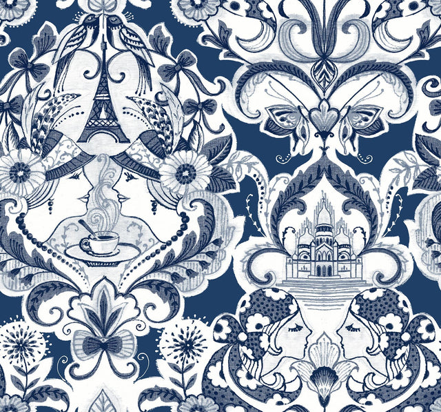 A-Street Prints Sadie Navy Parisian Damask Wallpaper