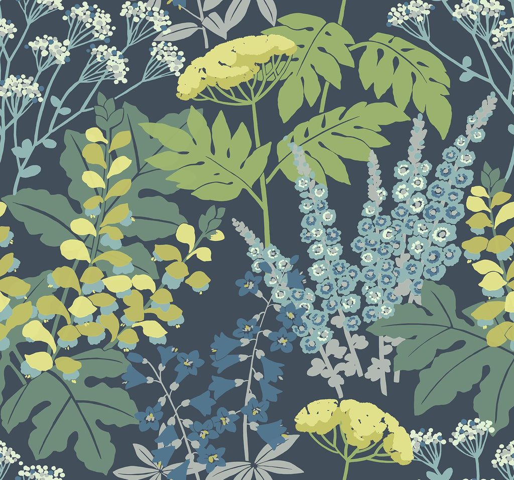 A-Street Prints Brie Forest Flowers Dark Blue Wallpaper