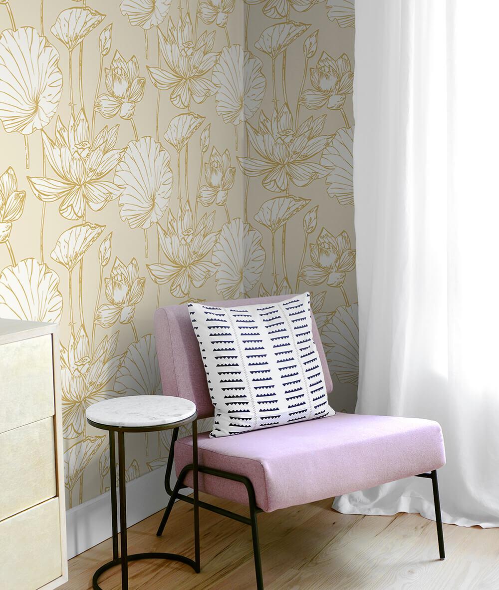 Seabrook Lotus Floral Metallic Gold & Cream Wallpaper