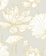Seabrook Lotus Floral Metallic Gold & Gray Wallpaper