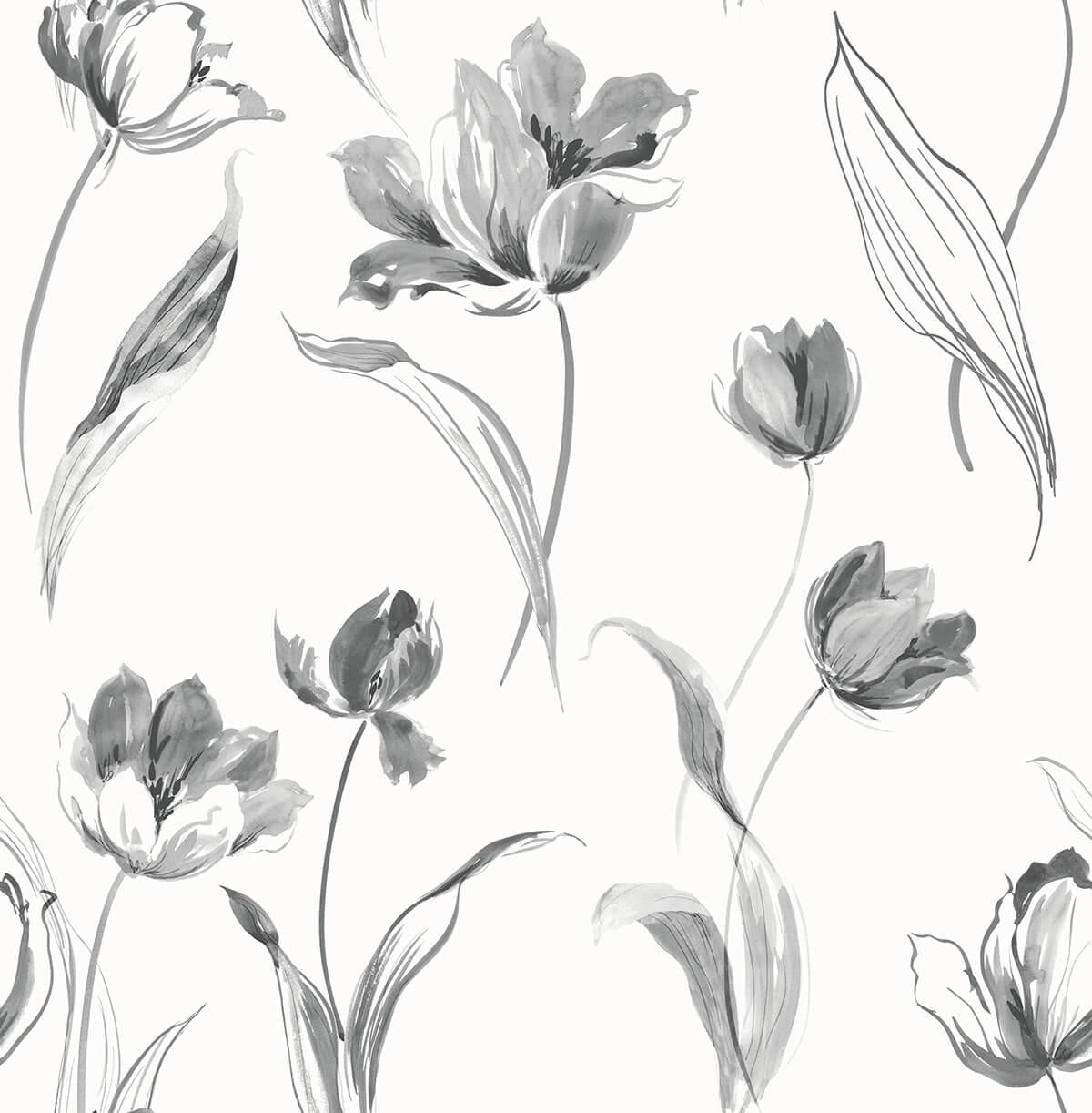 Seabrook Tulip Toss Black and White Wallpaper