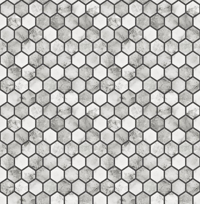Seabrook Marble Hexagon Carrara & Wrought Iron Wallpaper