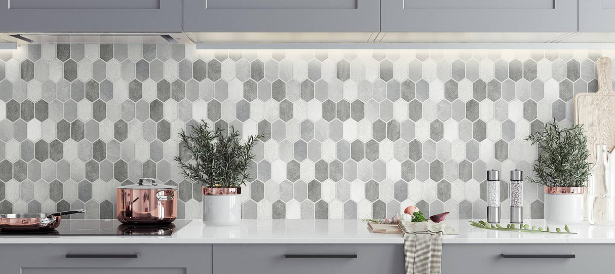 Seabrook Brushed Hex Tile Icy Grey & Nickel Wallpaper