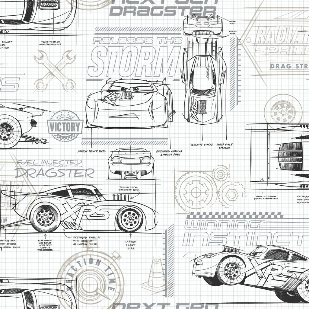 RoomMates Disney And Pixar Cars Schematic Peel & StickPeel & Stick gray/white Wallpaper