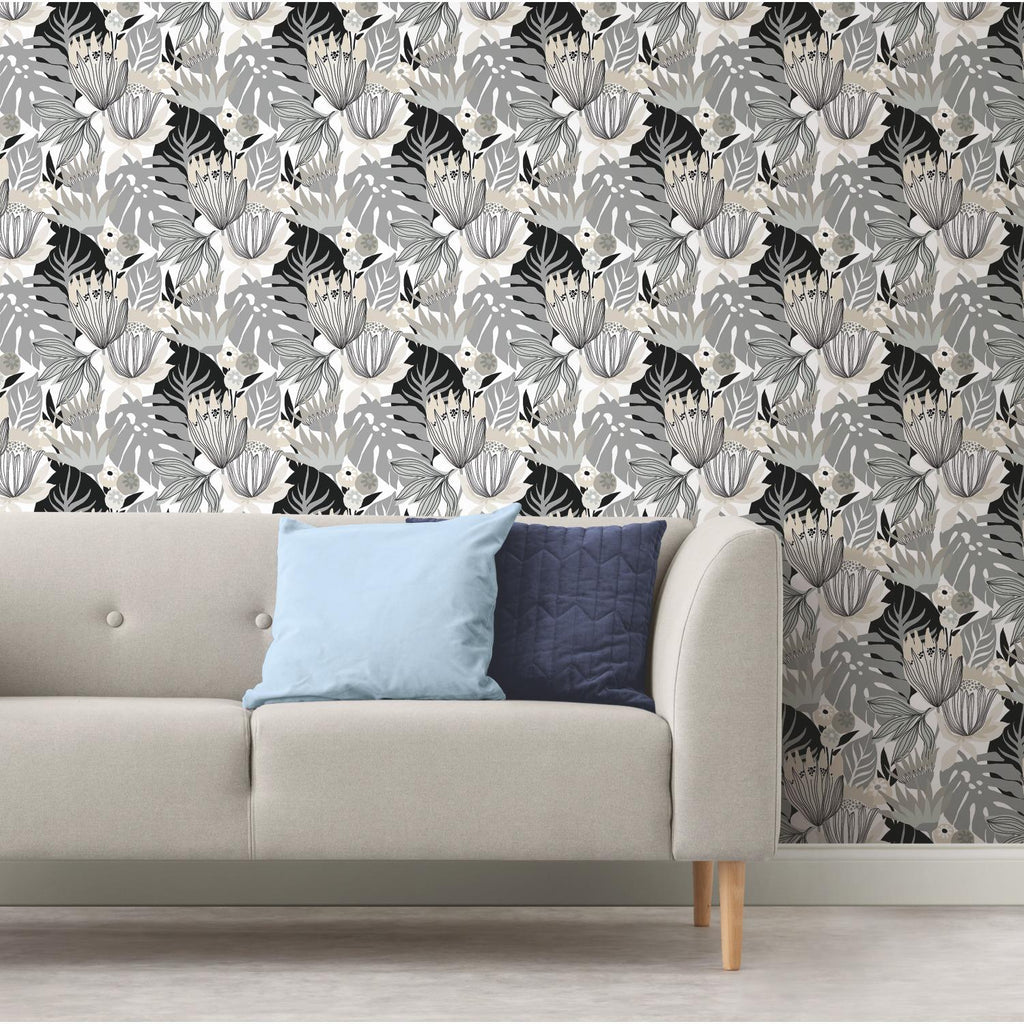 RoomMates Retro Tropical Leaves Peel & Stick gray/beige Wallpaper