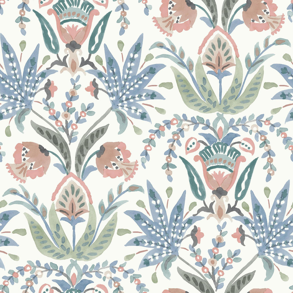 York Seaside Jacobean White/Pink/Blue Wallpaper