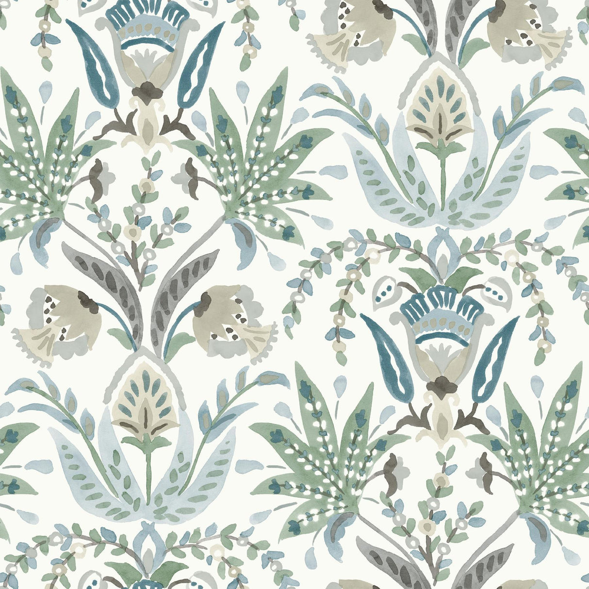 York Seaside Jacobean White/Green/Blue Wallpaper
