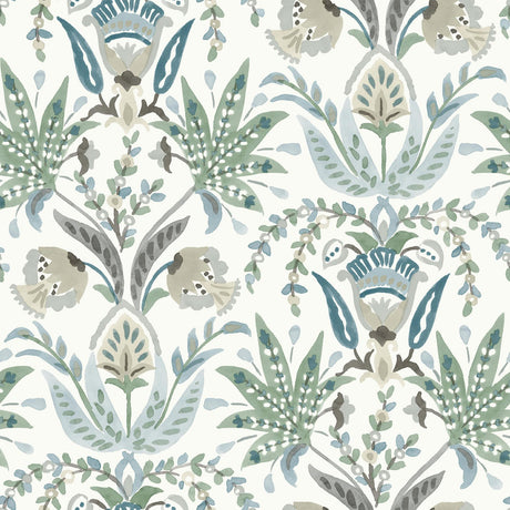 York Seaside Jacobean White/Green/Blue Wallpaper