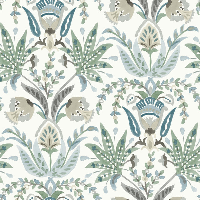 York Seaside Jacobean White/Green/Blue Wallpaper