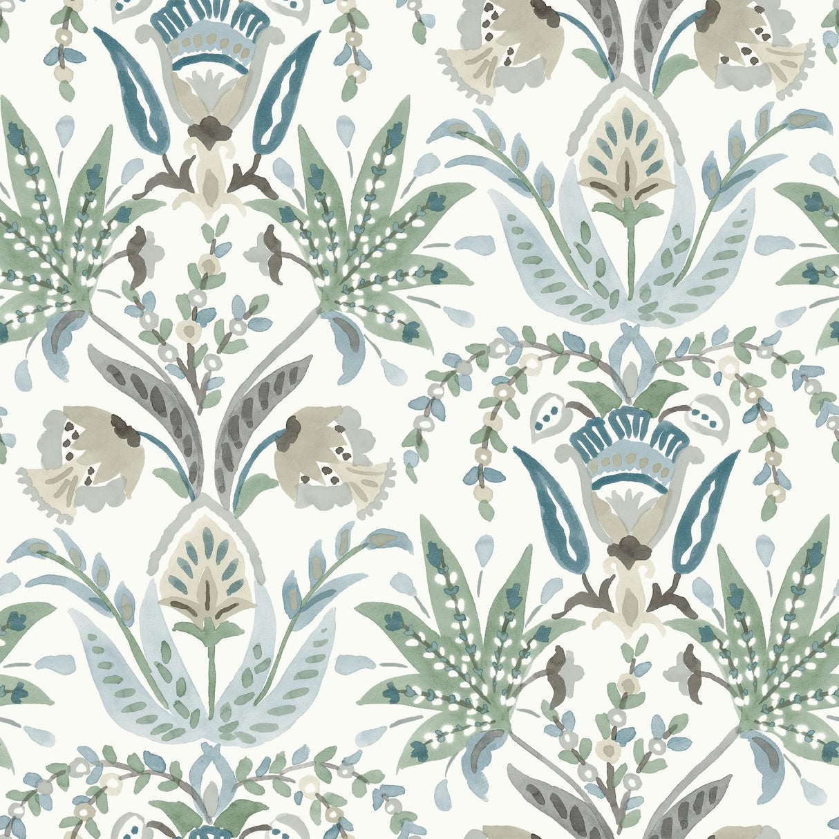 York Seaside Jacobean White/Green/Blue Wallpaper