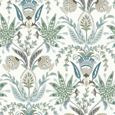 York Seaside Jacobean White/Green/Blue Wallpaper
