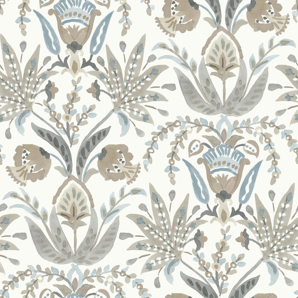 York Seaside Jacobean White/Taupe/Blue Wallpaper