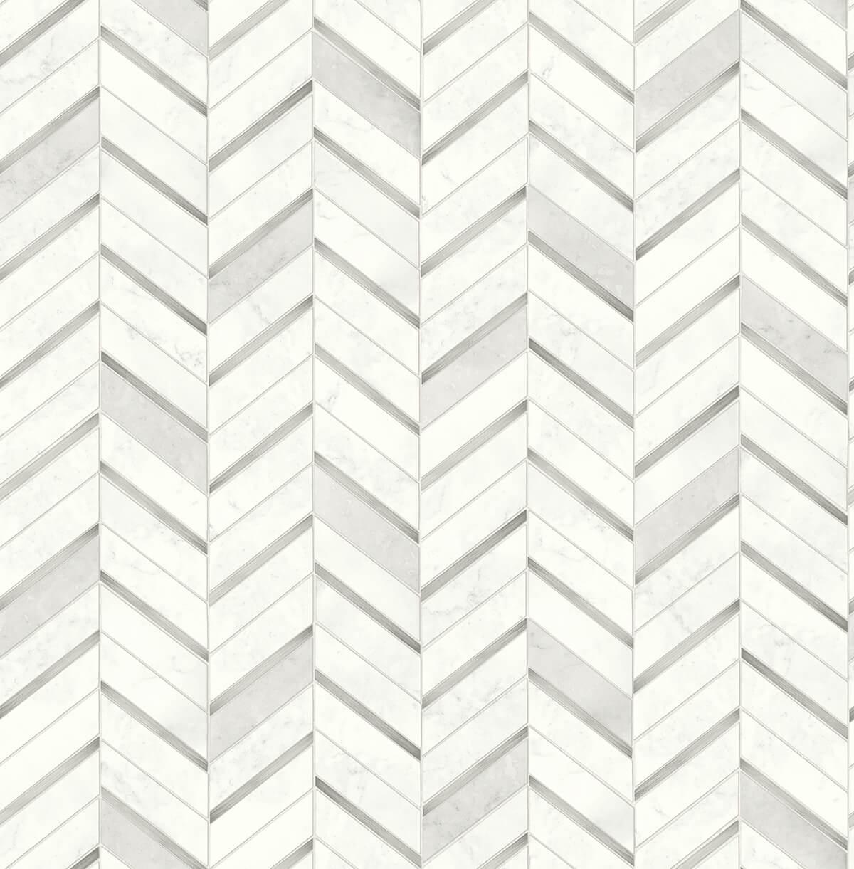 Seabrook Chevron Marble Tile Metallic Silver & Pearl Gray Wallpaper