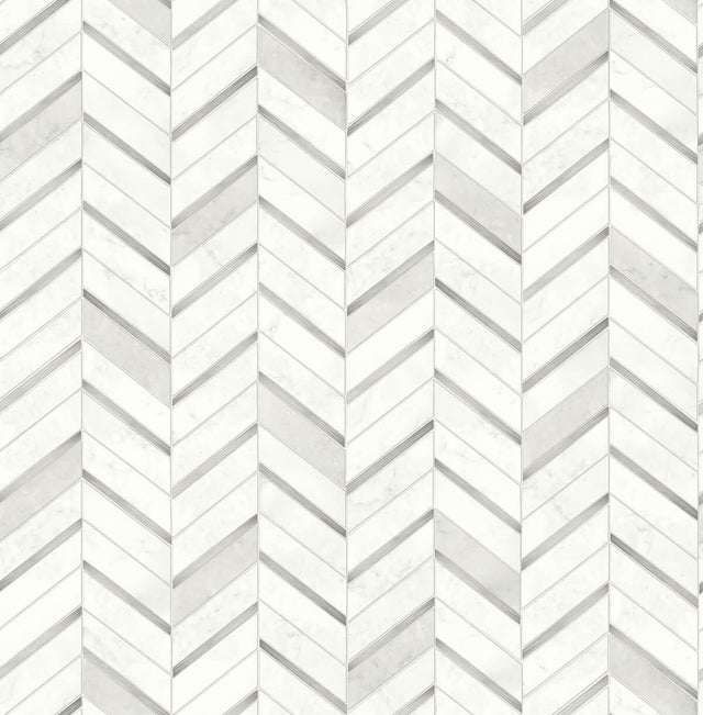 Seabrook Chevron Marble Tile Metallic Silver & Pearl Gray Wallpaper