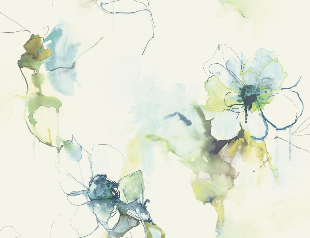 Seabrook Anemone Watercolor Floral Glacier Blue and Pear Wallpaper