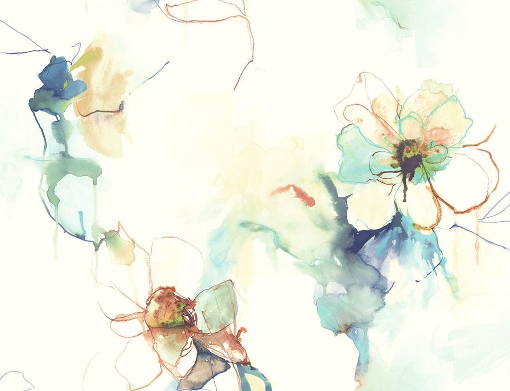 Seabrook Anemone Watercolor Floral Turquoise and Persimmon Wallpaper