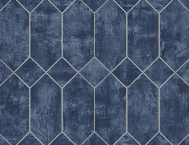 Seabrook Geo Faux Denim Blue and Metallic Silver Wallpaper