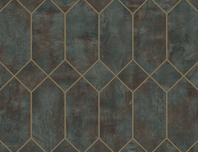Seabrook Geo Faux Rust, Forest Green, and Metallic Gold Wallpaper