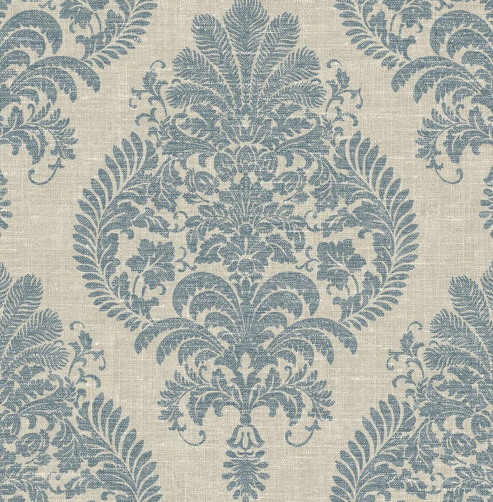Seabrook Antigua Damask Air Force Blue and Alabaster Wallpaper