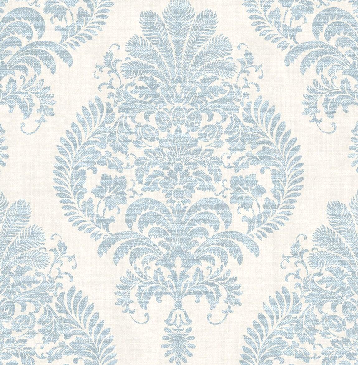 Seabrook Antigua Damask Blue Frost and Bone White Wallpaper