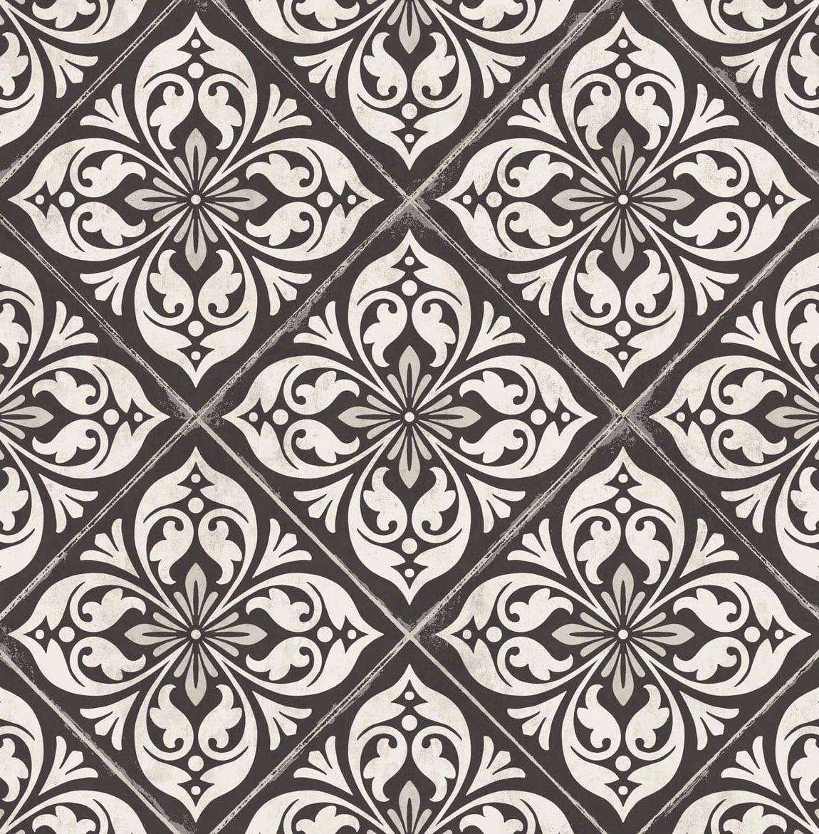 Seabrook Plumosa Tile Ebony and Silver Wallpaper