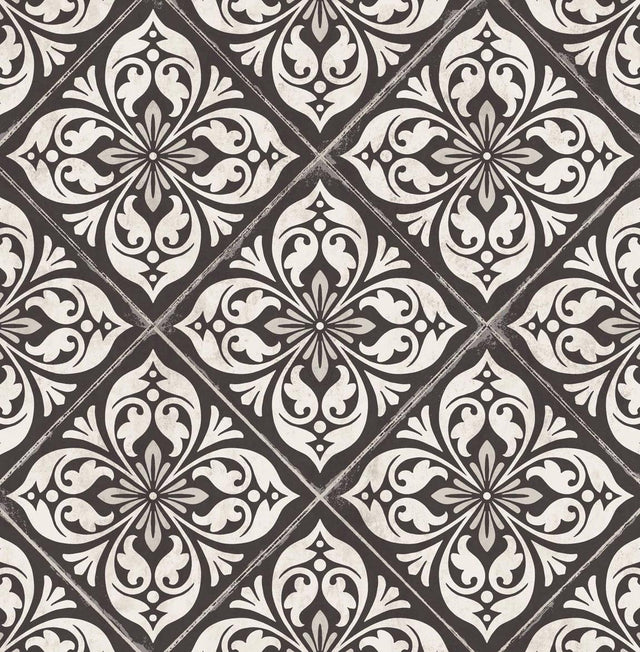 Seabrook Plumosa Tile Ebony and Silver Wallpaper