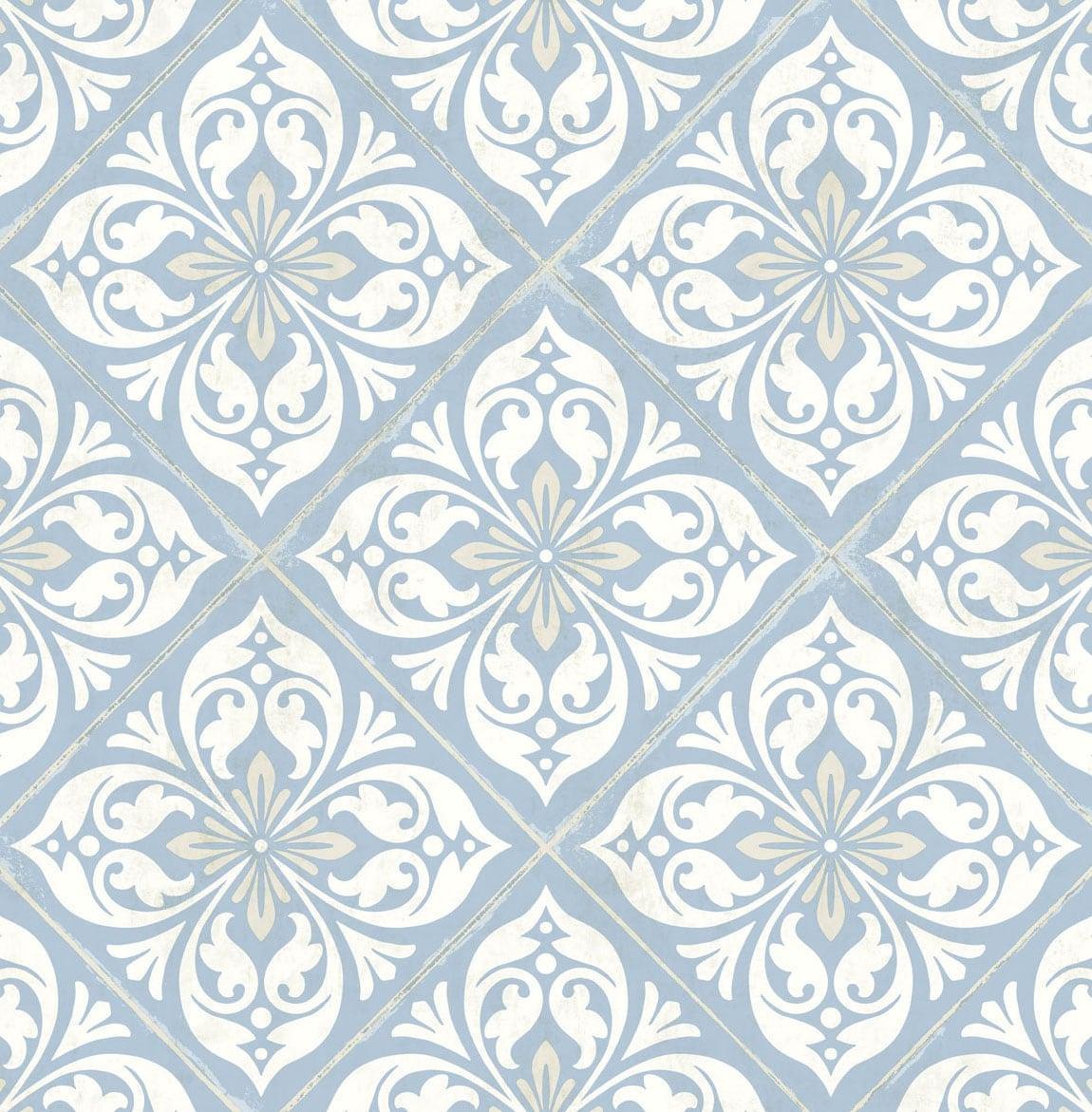 Seabrook Plumosa Tile Carolina Blue and Arrowroot Wallpaper