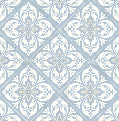 Seabrook Plumosa Tile Carolina Blue and Arrowroot Wallpaper