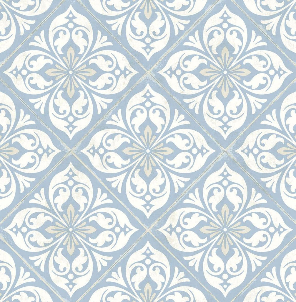 Seabrook Plumosa Tile Carolina Blue and Arrowroot Wallpaper