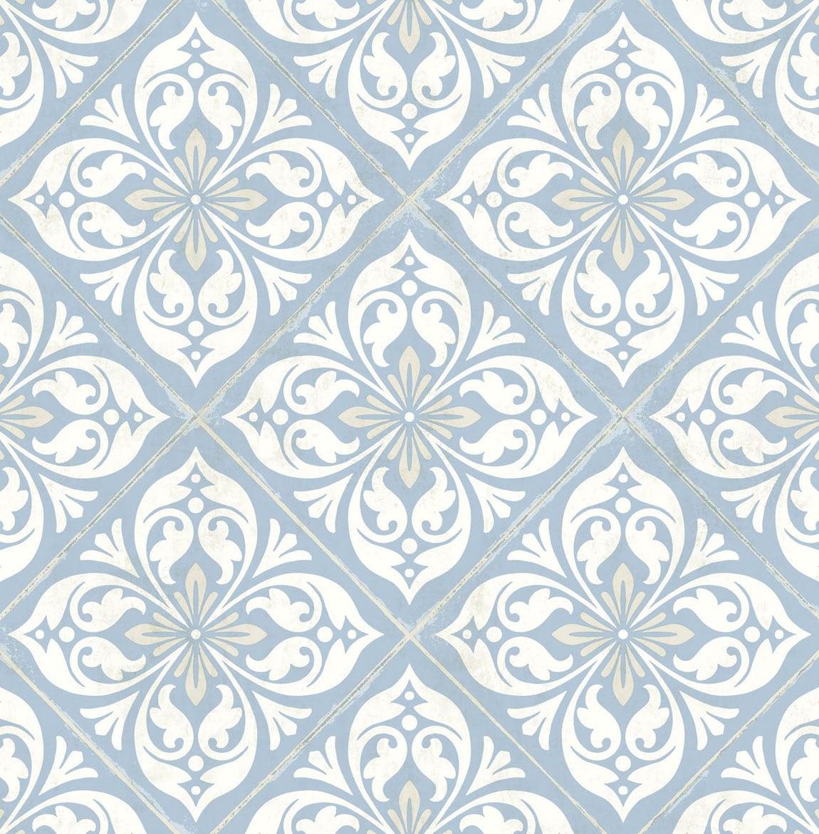 Seabrook Plumosa Tile Blue Wallpaper