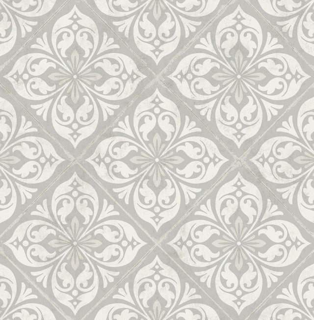 Seabrook Plumosa Tile Cove Gray and Silver Wallpaper