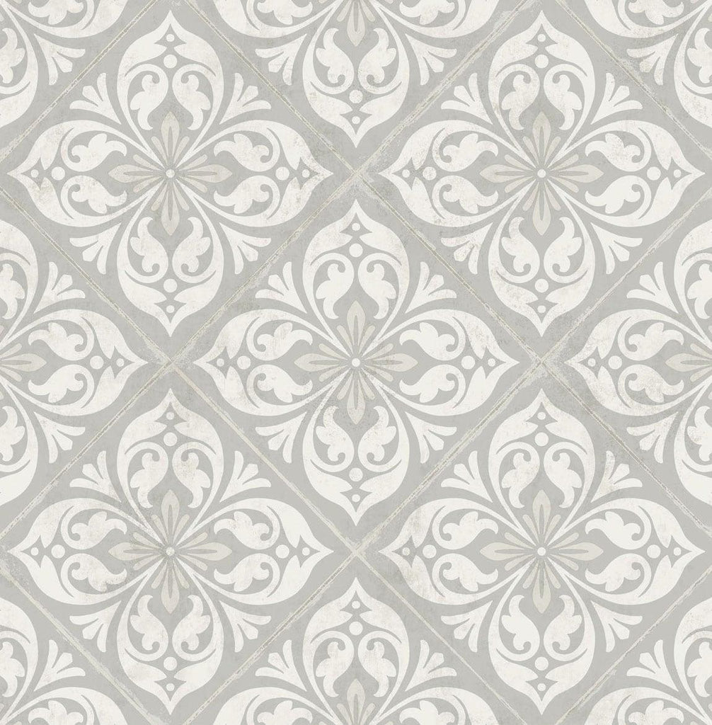 Seabrook Plumosa Tile Cove Gray and Silver Wallpaper